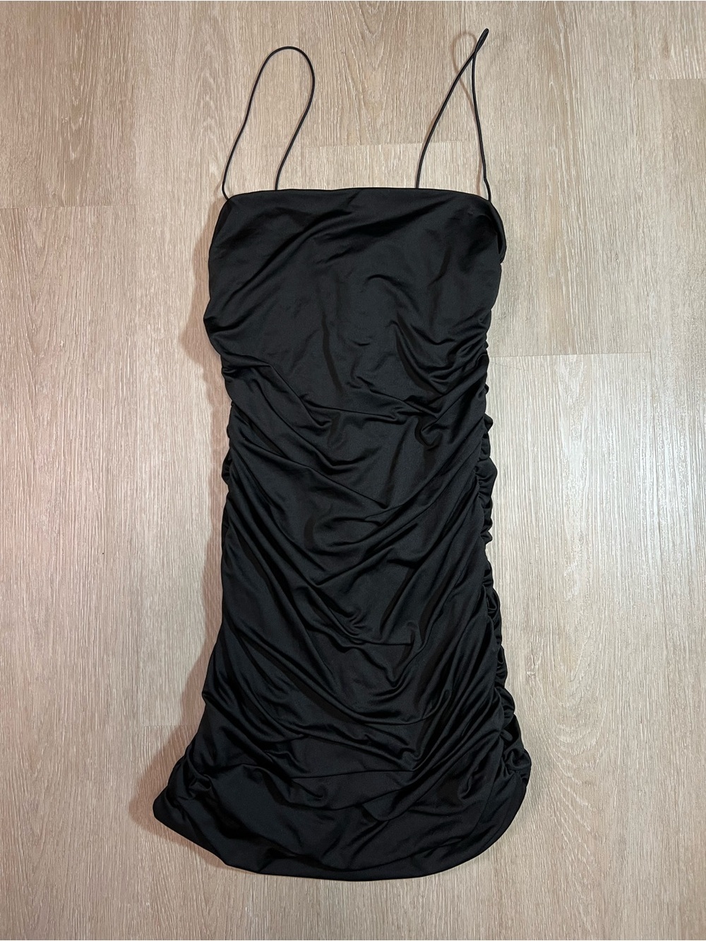 Chic Minimalist Black Ruched Women’s Large Mini Dress